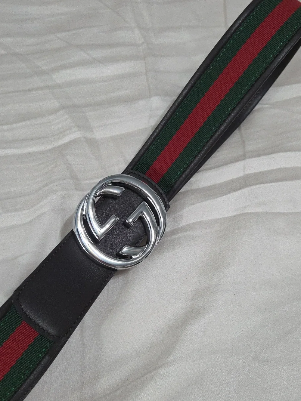 Gucci Green Red Reversible Belt with Silver Double G Buckle